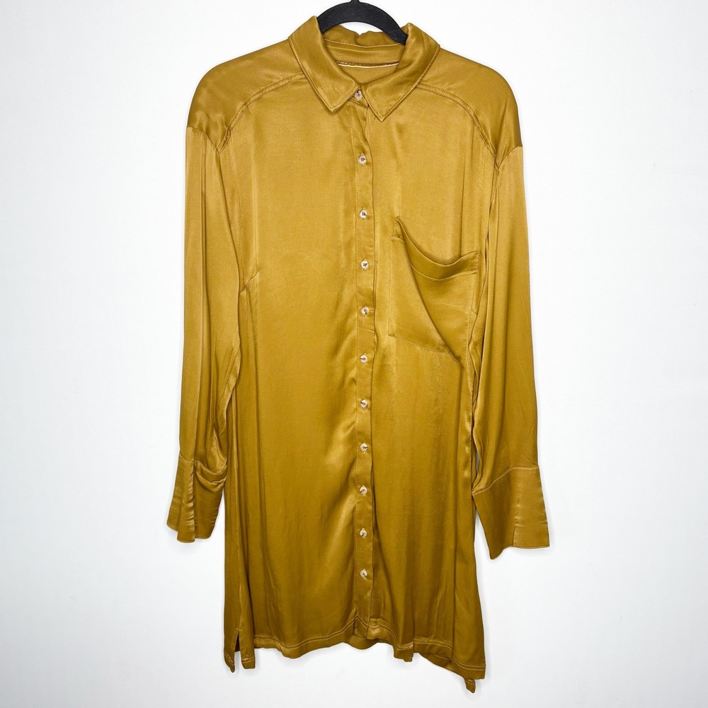 Pilcro Anthropologie Mustard Gold‎ Viscose Button Down Tunic Shirt Dress Size 12
